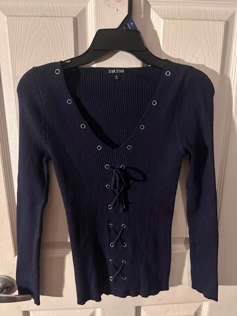 Y2k Diva Star Navy Ribbed Knit Top - Classic Scoop Neck